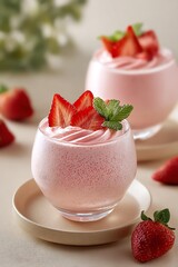 Fresh strawberry dessert in elegant glass bowls.