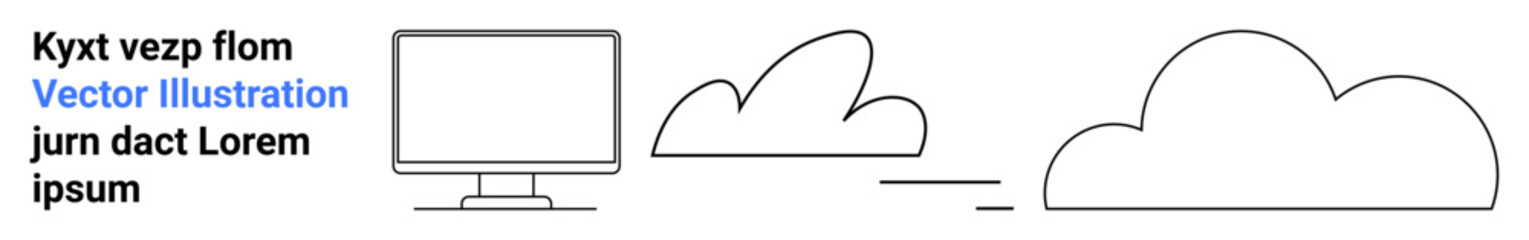 Naklejka premium Cloud computing, digital storage, data transfer, web hosting, online connectivity, technology infrastructure. A monitor beside simplified cloud icons cloud computing. Cloud computing and digital