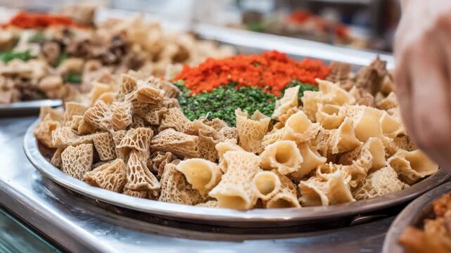 Varied selection of tripe displayed in a metal tray with vibrant garnishes showcasing the unique texture of this offcut in a market stall.
