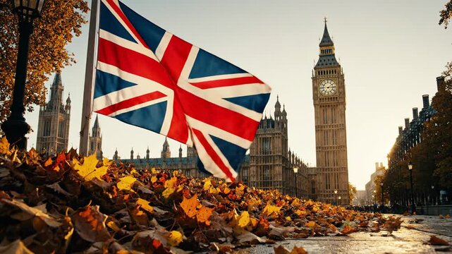 Union jack flag waving over autumn leaves westminster landmark clock tower