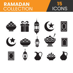 A collection of fifteen black ramadan icons featuring traditional symbols like crescent moons lanterns food and gifts silhouette.