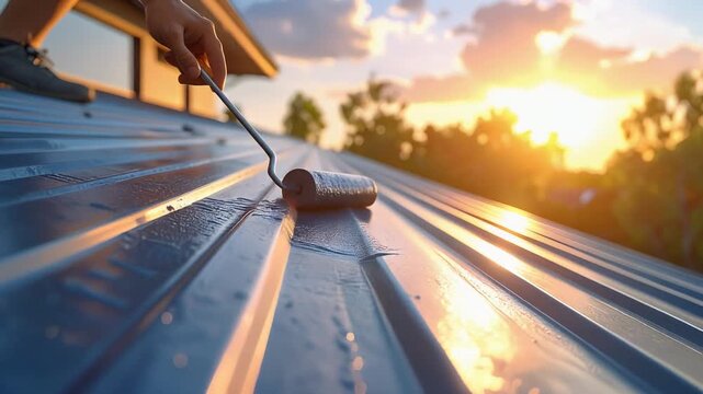 夕日を背景に男性が屋根の上で金属板を取り付ける作業をする風景