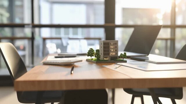 デスクの上に建物模型と資料を広げて設計作業が進むオフィス風景