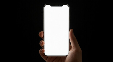 Hand showing smartphone with blank screen isolated on black background. Concept for business...