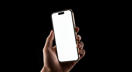 Hand showing smartphone with blank screen isolated on black background. Concept for business...