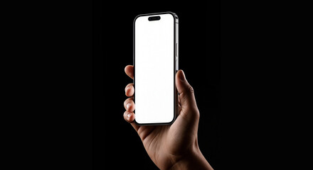 Hand showing smartphone with blank screen isolated on black background. Concept for business...