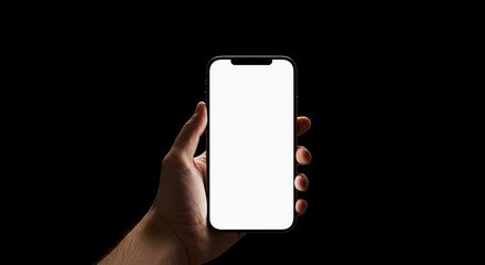 Hand showing smartphone with blank screen isolated on black background. Concept for business...