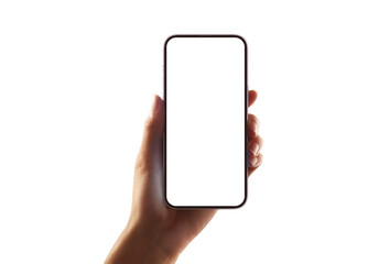 Close-up of hand holding modern smartphone with blank screen isolated on white background. High...