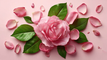 Beautiful pink rose centerpiece surrounded by delicate petals and green leaves on a soft pink background, evoking romance and natural elegance.
