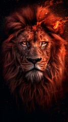 Fierce male lion face with fire flames and glowing eyes. Vertical fantasy illustration of a powerful wild predator. Zodiac Leo symbol concept