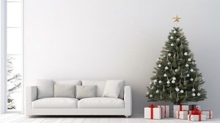 A modern living room decorated for Christmas with a white sofa and a decorated Christmas tree with gifts underneath