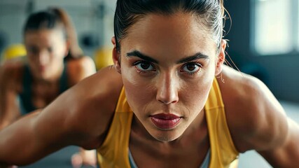 Focused Fitness: A determined woman, drenched in sweat, executes a push-up with unwavering focus in a gym setting. capturing the intensity and dedication required in physical training.