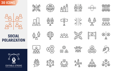 Social polarization icon set. Editable stroke. Vector illustration. 