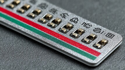Close-up of a circuit board with recycling symbols featuring green and red stripes showcasing electronics an