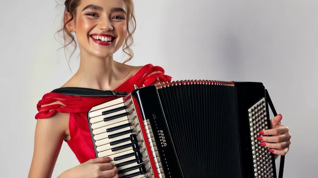 Melody and Mirth: A young woman, radiating joy, engages with her accordion. The vibrant hues of her attire and the musical instrument form a lively scene.