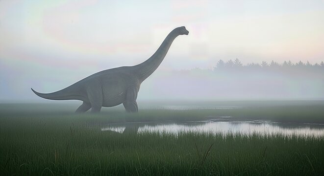 A large dinosaur wanders through a grassy, wet area during the foggy early morning. Trees are visible in the distance. It appears calm as it makes its way to the forest