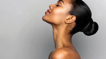 Serene Radiance: A portrait captures the natural beauty of a woman in quiet contemplation, head tilted back, eyes gently closed, exuding peace and contentment.