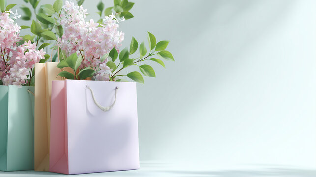 Pastel shopping bags with blooming lilac branches in soft daylight, elegant spring gift scene with copy space