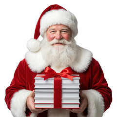 Santa Claus carrying a gift of books tied with a red ribbon on a transparent background.