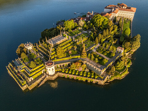 Aerial view of the Palazzo Borromeo and its dramatic Baroque tiered gardens (Teatro Massimo), built on the distinctive terraced island of Isola Bella in Lake Maggiore
