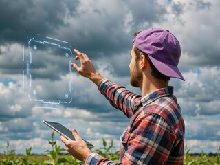 Farmer using augmented reality system in smart agriculture field