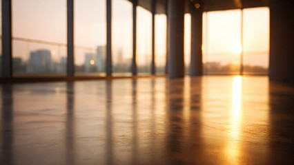 Golden hour illuminates a modern, empty room with large windows, reflecting the cityscape and warm sunlight on the polished floor.