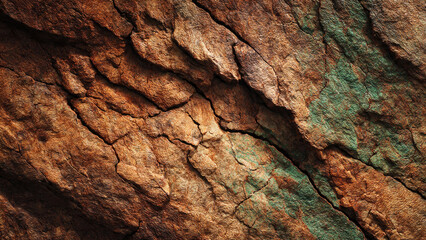 Fototapeta premium A close-up of deeply weathered and cracked wood or bark texture. Rich brown tones contrast with striking blue-green patina, showcasing aged organic beauty.