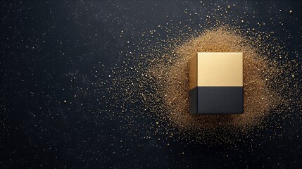 A gold and black gift box is surrounded by gold glitter on a dark background. The image evokes luxury and celebration.