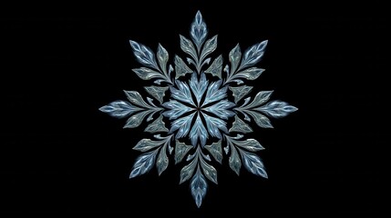 Intricate blue and silver snowflake design on a black background.
