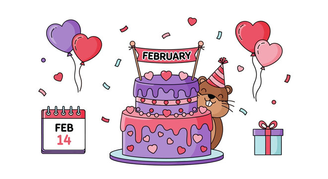 A cute cartoon groundhog wearing a party hat peeks from behind a festive two-tiered cake decorated with hearts and sprinkles, celebrating February 14th with balloons and a gift.