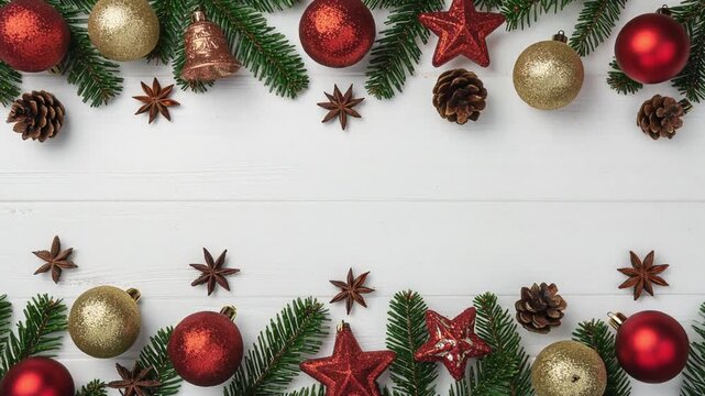 Festive Christmas decoration with ornaments, pine cones, stars and fir branches.