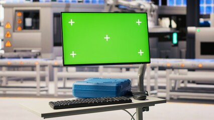Green screen monitor in industry 4.0 smart industrial plant equipped with advanced sensors used to...