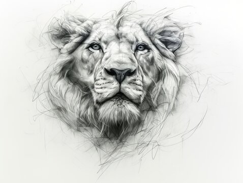 Sketch of a male lion head with a majestic mane. Black and white pencil drawing portrait. Artistic wildlife illustration