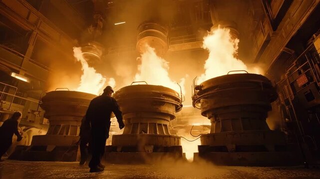 Medium shot of foundry workers operating energyefficient furnaces to minimize power consumption and reduce carbon footprint in industrial metal casting.