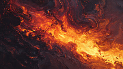 Dynamic abstract art showcasing molten lava-like swirls of vibrant orange, red, and yellow against a dark, fluid background, evoking intense heat and motion.