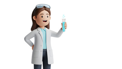 3D female character scientist with lab coat holding test tube uniform clean white background