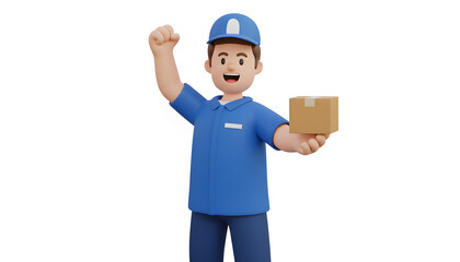 3D character person wearing delivery courier uniform with small package clean white background