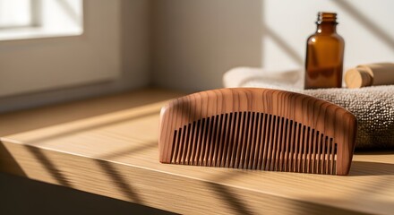 Natural wooden comb and organic beauty products on a bathroom shelf for sustainable self-care and ecology concept