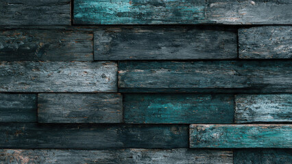 Distressed wooden planks showcase vibrant, textured wall. Features weathered teal, blue, and grey hues with paint peeling, creating rustic backdrop.