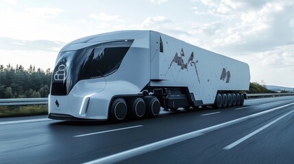 Obraz premium Autonomous truck on highway, symbolizing future of cargo logistics. Future of logistics