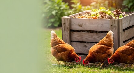 Brown chickens foraging on green grass near a wooden compost bin, representing a sustainable living concept and natural farm ecology