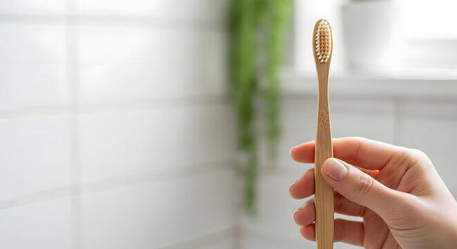 Hand holding a natural bamboo toothbrush in a bright bathroom for an ecology dental hygiene concept and sustainable plastic-free lifestyle