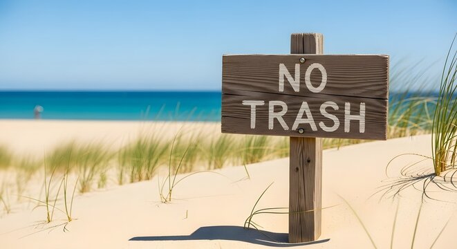 Wooden 'No Trash' sign standing on a pristine sandy beach with clear blue ocean for environmental protection concept and ecological awareness