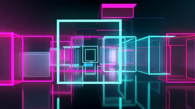 Neon Cubes: Immerse yourself in a futuristic world where vibrant neon cubes dance across a reflective surface, showcasing innovation and modern design.