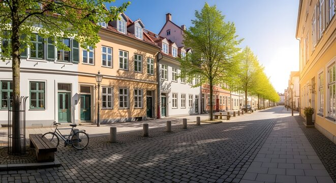 Sunny car-free European street with vibrant green trees and a bicycle, showcasing sustainable urban living concept and eco-friendly transportation