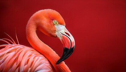 close up of a vibrant flamingo in profile with bright feathers against a striking solid red background illustrative and colorful composition