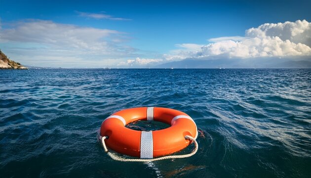 vibrant lifebuoy against a serene ocean backdrop capturing maritime safety - Powered by Adobe