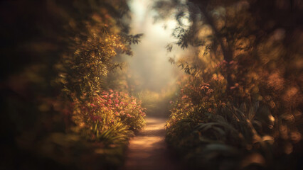 Sun-dappled path winding through a vibrant, overgrown garden with blooming flowers and soft light, creating a serene, magical atmosphere.