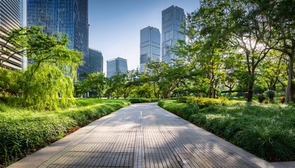 a tranquil urban park path surrounded by lush greenery and modern architecture