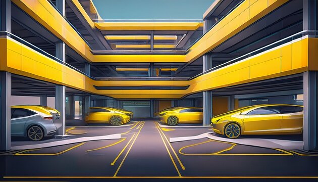 modern automated parking system with multiple levels and yellow signage